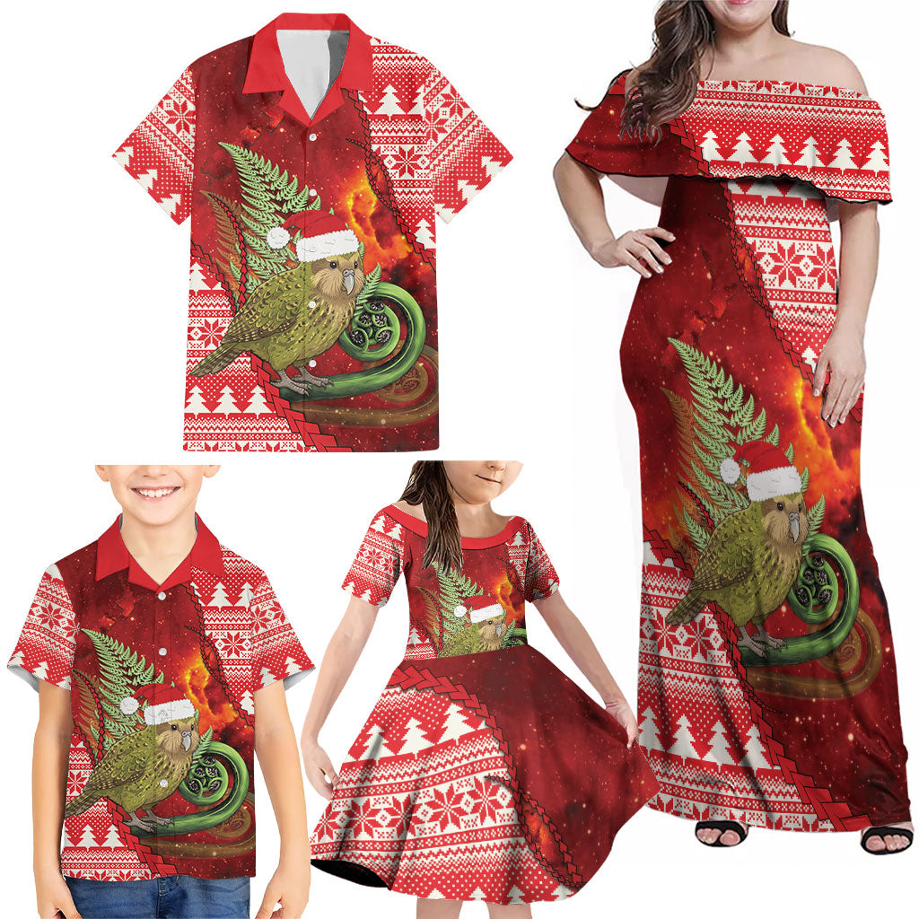 New Zealand Kakapo Christmas In July Family Matching Off Shoulder Maxi Dress and Hawaiian Shirt Silver Fern Santa Xmas Red Color
