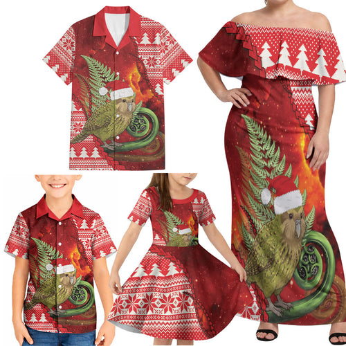 New Zealand Kakapo Christmas In July Family Matching Off Shoulder Maxi Dress and Hawaiian Shirt Silver Fern Santa Xmas Red Color