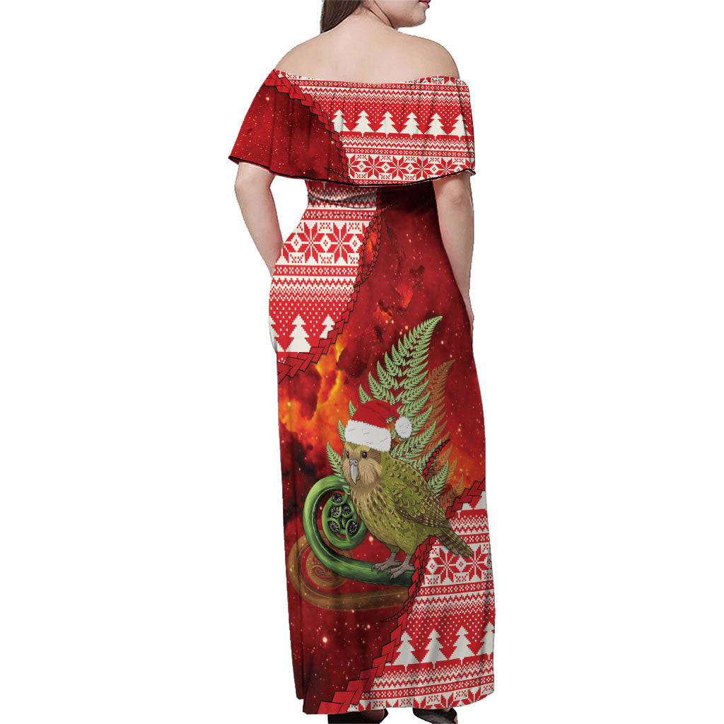 New Zealand Kakapo Christmas In July Family Matching Off Shoulder Maxi Dress and Hawaiian Shirt Silver Fern Santa Xmas Red Color