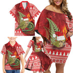 New Zealand Kakapo Christmas In July Family Matching Off Shoulder Short Dress and Hawaiian Shirt Silver Fern Santa Xmas Red Color