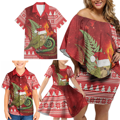 New Zealand Kakapo Christmas In July Family Matching Off Shoulder Short Dress and Hawaiian Shirt Silver Fern Santa Xmas Red Color
