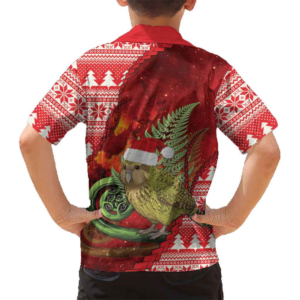 New Zealand Kakapo Christmas In July Family Matching Off Shoulder Short Dress and Hawaiian Shirt Silver Fern Santa Xmas Red Color
