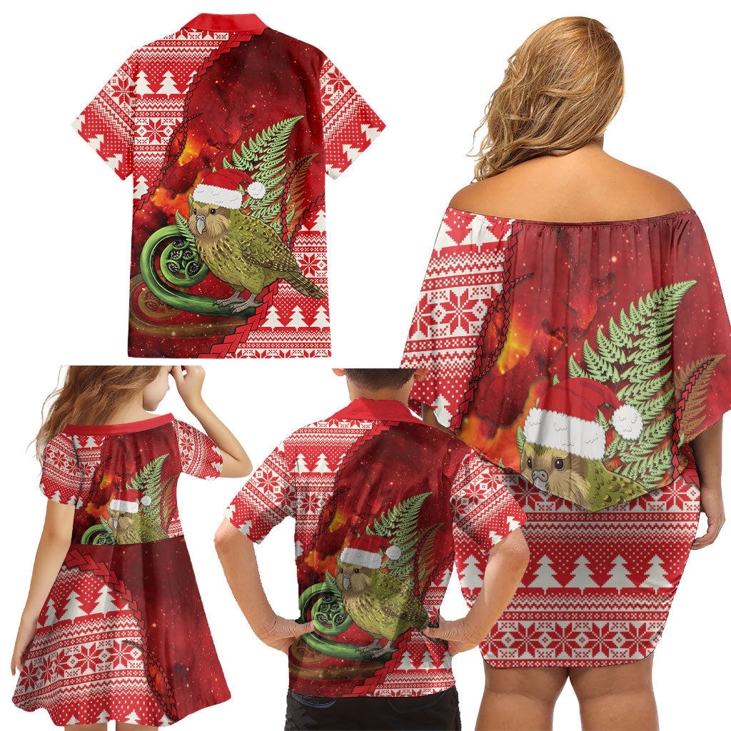 New Zealand Kakapo Christmas In July Family Matching Off Shoulder Short Dress and Hawaiian Shirt Silver Fern Santa Xmas Red Color