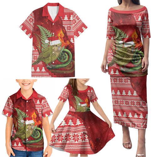 New Zealand Kakapo Christmas In July Family Matching Puletasi and Hawaiian Shirt Silver Fern Santa Xmas Red Color