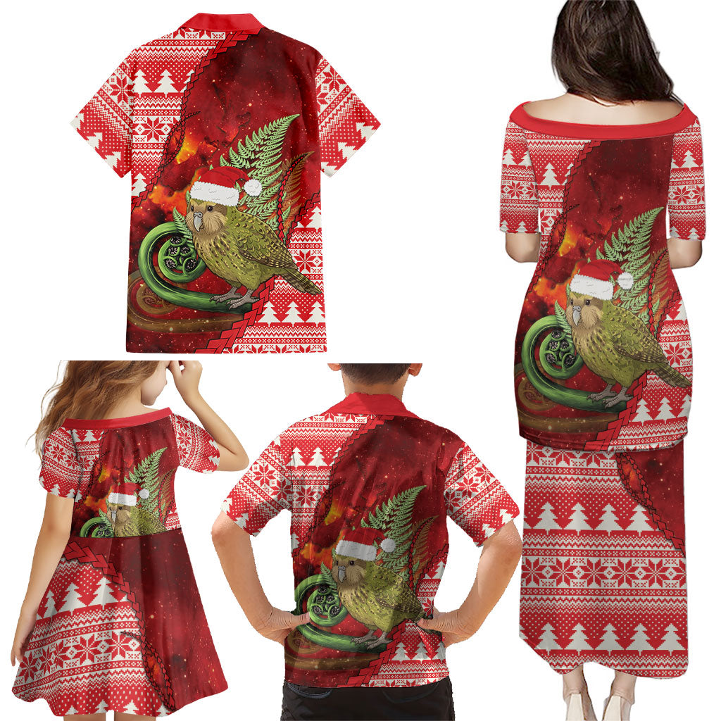 New Zealand Kakapo Christmas In July Family Matching Puletasi and Hawaiian Shirt Silver Fern Santa Xmas Red Color