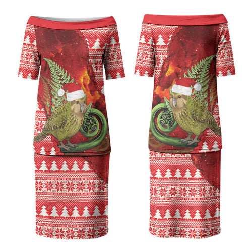 New Zealand Kakapo Christmas In July Family Matching Puletasi and Hawaiian Shirt Silver Fern Santa Xmas Red Color