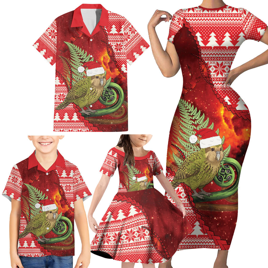 New Zealand Kakapo Christmas In July Family Matching Short Sleeve Bodycon Dress and Hawaiian Shirt Silver Fern Santa Xmas Red Color