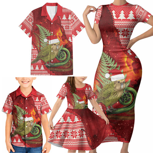 New Zealand Kakapo Christmas In July Family Matching Short Sleeve Bodycon Dress and Hawaiian Shirt Silver Fern Santa Xmas Red Color