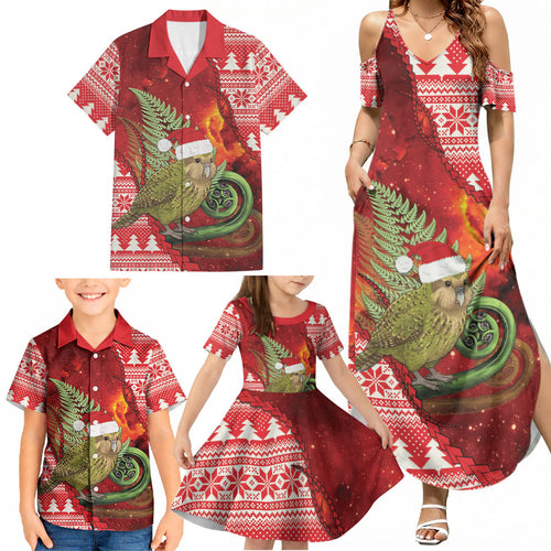 New Zealand Kakapo Christmas In July Family Matching Summer Maxi Dress and Hawaiian Shirt Silver Fern Santa Xmas Red Color
