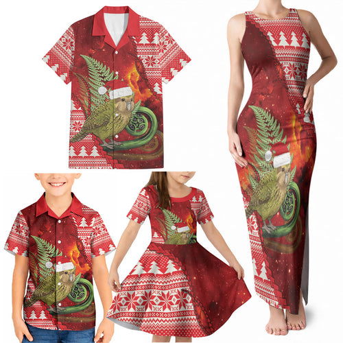 New Zealand Kakapo Christmas In July Family Matching Tank Maxi Dress and Hawaiian Shirt Silver Fern Santa Xmas Red Color