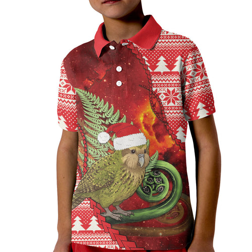 New Zealand Kakapo Christmas In July Kid Polo Shirt Silver Fern Santa Xmas Red Color