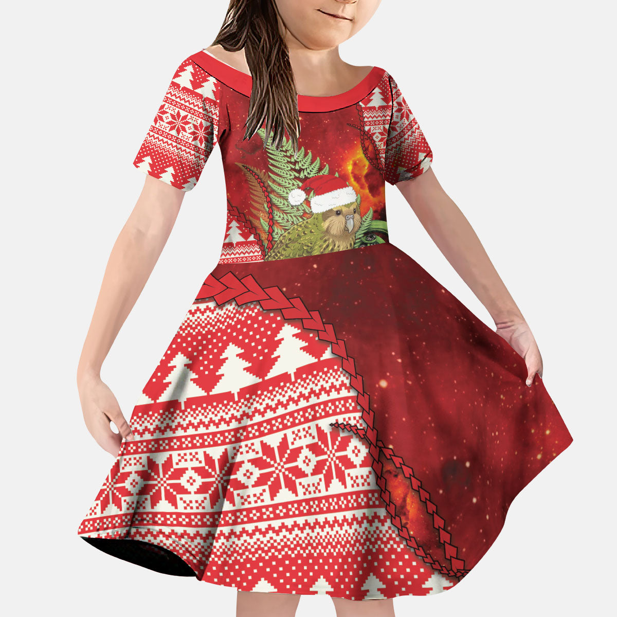 New Zealand Kakapo Christmas In July Kid Short Sleeve Dress Silver Fern Santa Xmas Red Color