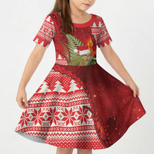 New Zealand Kakapo Christmas In July Kid Short Sleeve Dress Silver Fern Santa Xmas Red Color