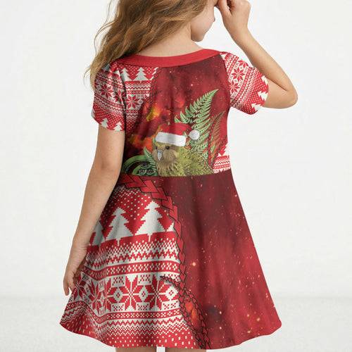 New Zealand Kakapo Christmas In July Kid Short Sleeve Dress Silver Fern Santa Xmas Red Color