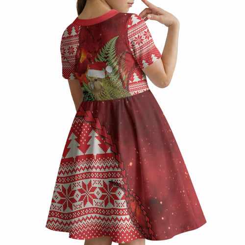 New Zealand Kakapo Christmas In July Kid Short Sleeve Dress Silver Fern Santa Xmas Red Color