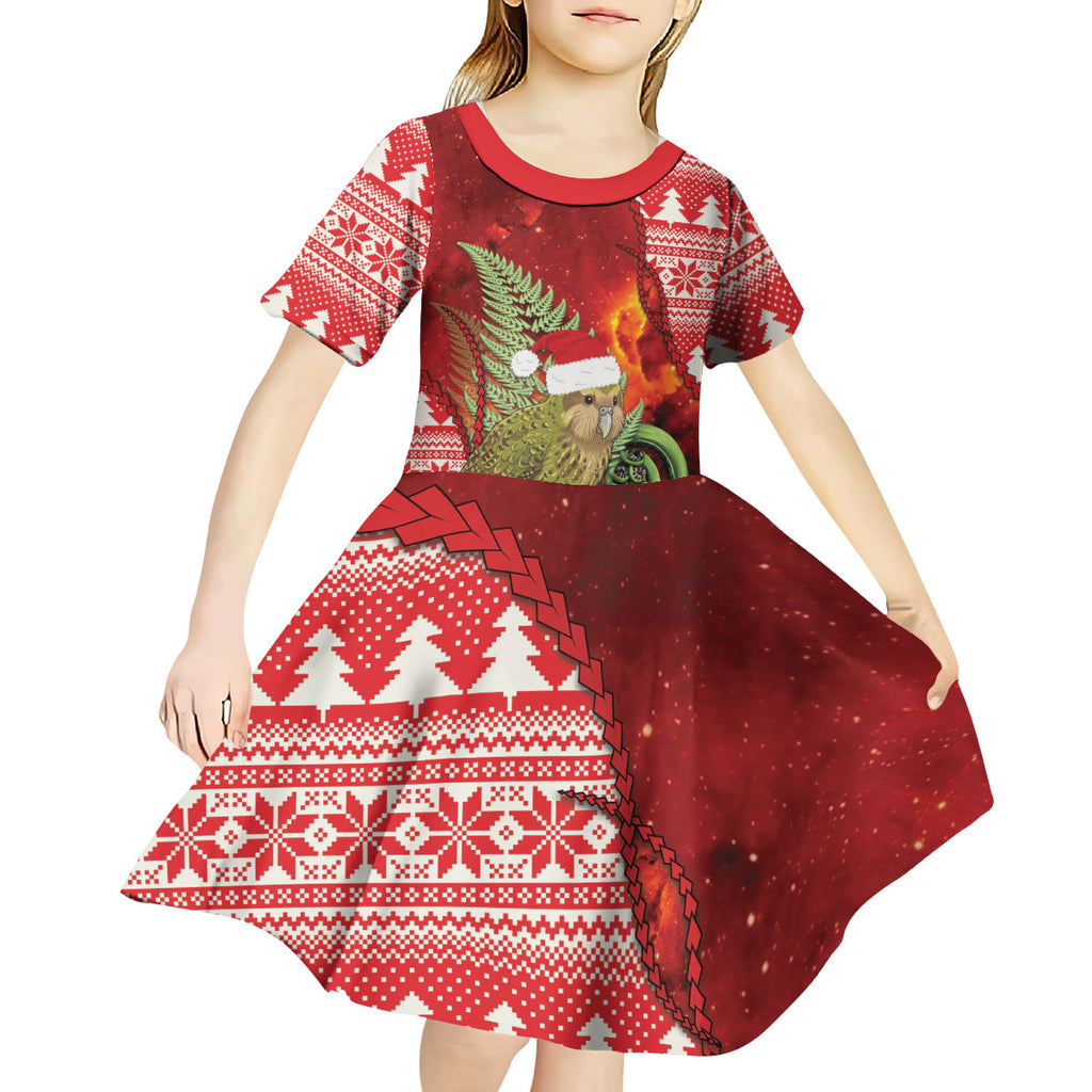 New Zealand Kakapo Christmas In July Kid Short Sleeve Dress Silver Fern Santa Xmas Red Color