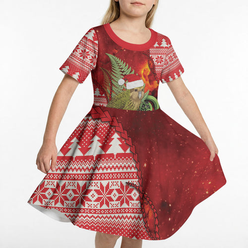 New Zealand Kakapo Christmas In July Kid Short Sleeve Dress Silver Fern Santa Xmas Red Color