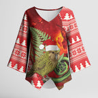 New Zealand Kakapo Christmas In July Kimono Sleeve Blouse Silver Fern Santa Xmas Red Color