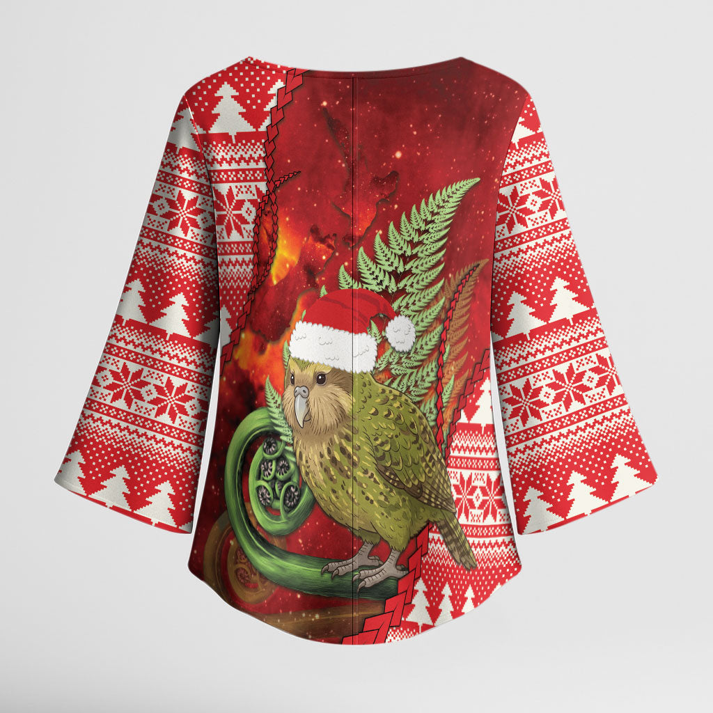 New Zealand Kakapo Christmas In July Kimono Sleeve Blouse Silver Fern Santa Xmas Red Color