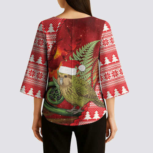 New Zealand Kakapo Christmas In July Kimono Sleeve Blouse Silver Fern Santa Xmas Red Color