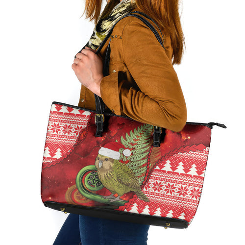 New Zealand Kakapo Christmas In July Leather Tote Bag Silver Fern Santa Xmas Red Color