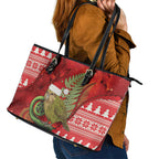 New Zealand Kakapo Christmas In July Leather Tote Bag Silver Fern Santa Xmas Red Color