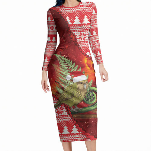 New Zealand Kakapo Christmas In July Long Sleeve Bodycon Dress Silver Fern Santa Xmas Red Color