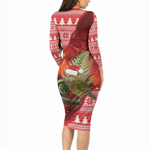 New Zealand Kakapo Christmas In July Long Sleeve Bodycon Dress Silver Fern Santa Xmas Red Color