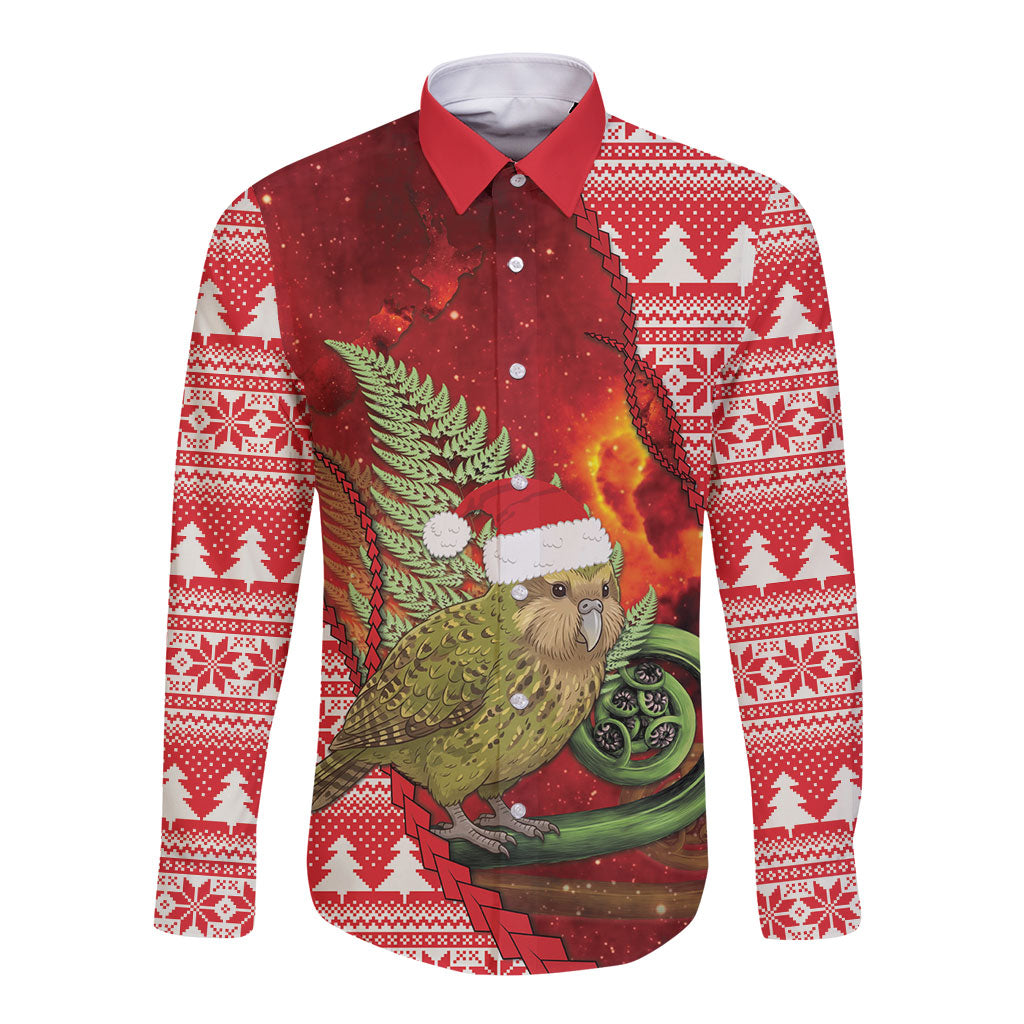 New Zealand Kakapo Christmas In July Long Sleeve Button Shirt Silver Fern Santa Xmas Red Color