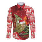 New Zealand Kakapo Christmas In July Long Sleeve Button Shirt Silver Fern Santa Xmas Red Color
