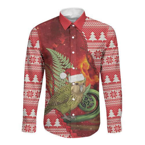 New Zealand Kakapo Christmas In July Long Sleeve Button Shirt Silver Fern Santa Xmas Red Color