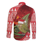New Zealand Kakapo Christmas In July Long Sleeve Button Shirt Silver Fern Santa Xmas Red Color