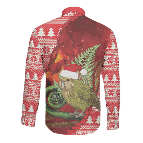 New Zealand Kakapo Christmas In July Long Sleeve Button Shirt Silver Fern Santa Xmas Red Color