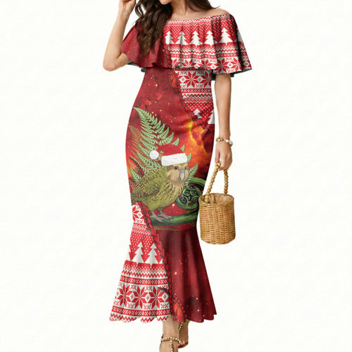 New Zealand Kakapo Christmas In July Mermaid Dress Silver Fern Santa Xmas Red Color