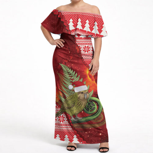 New Zealand Kakapo Christmas In July Off Shoulder Maxi Dress Silver Fern Santa Xmas Red Color