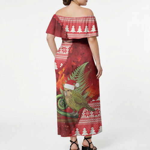 New Zealand Kakapo Christmas In July Off Shoulder Maxi Dress Silver Fern Santa Xmas Red Color
