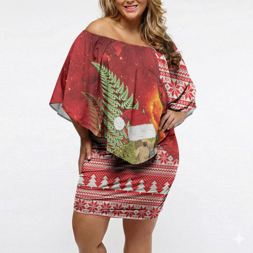 New Zealand Kakapo Christmas In July Off Shoulder Short Dress Silver Fern Santa Xmas Red Color