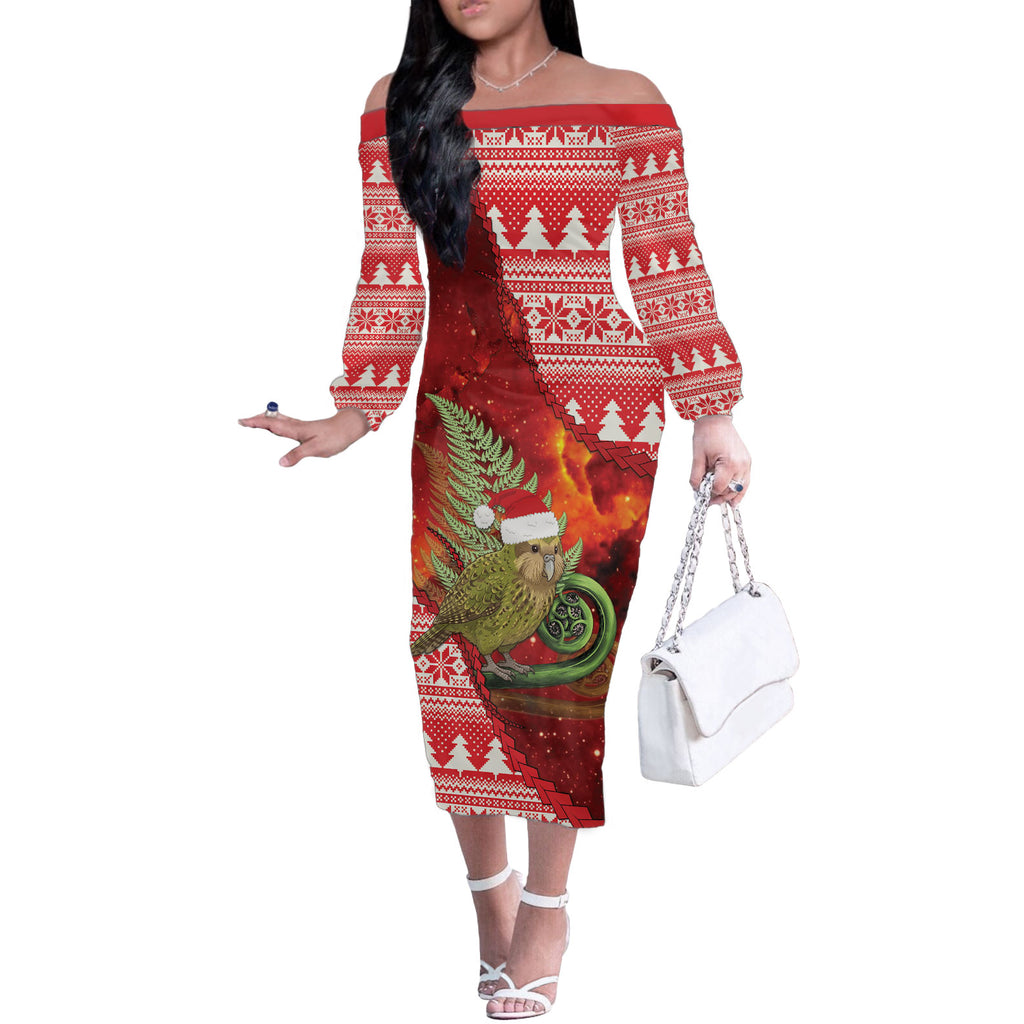 New Zealand Kakapo Christmas In July Off The Shoulder Long Sleeve Dress Silver Fern Santa Xmas Red Color