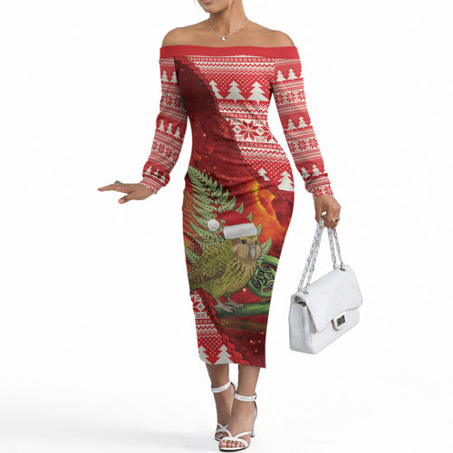 New Zealand Kakapo Christmas In July Off The Shoulder Long Sleeve Dress Silver Fern Santa Xmas Red Color