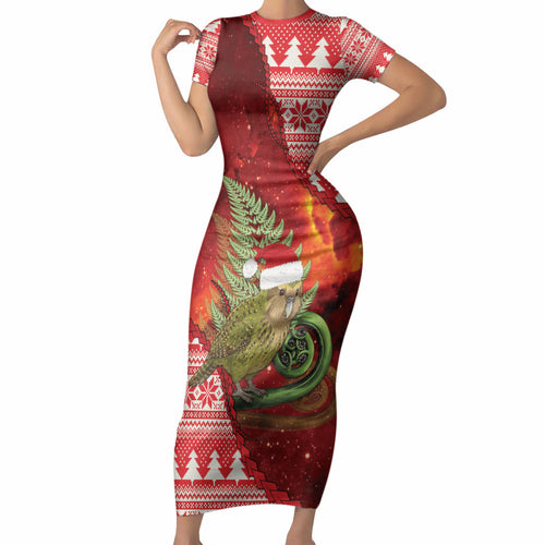 New Zealand Kakapo Christmas In July Short Sleeve Bodycon Dress Silver Fern Santa Xmas Red Color