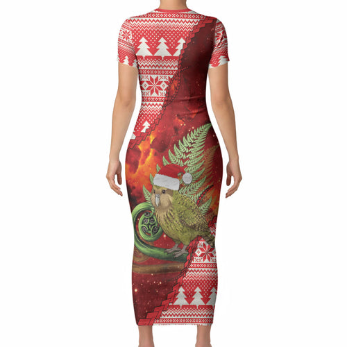 New Zealand Kakapo Christmas In July Short Sleeve Bodycon Dress Silver Fern Santa Xmas Red Color