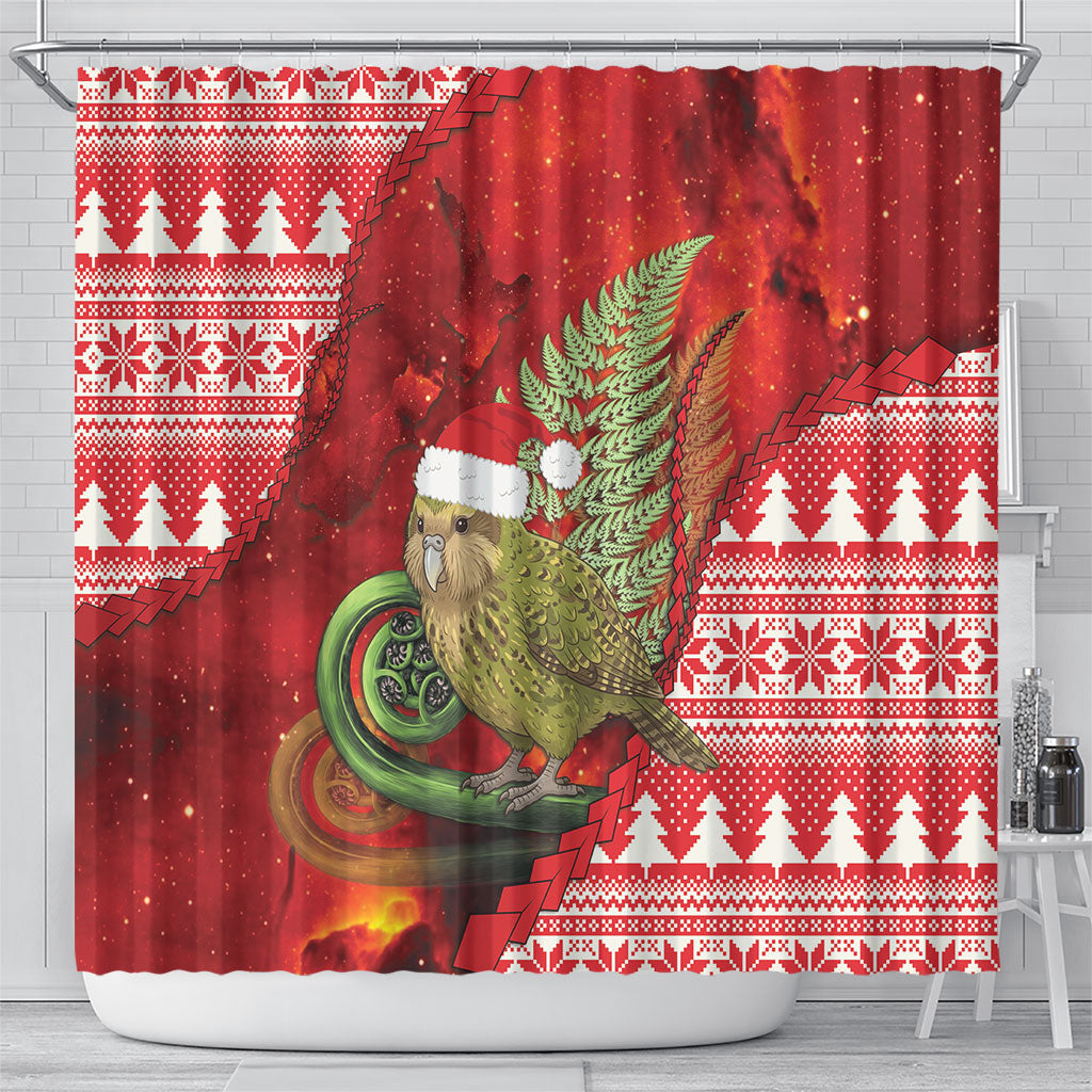 New Zealand Kakapo Christmas In July Shower Curtain Silver Fern Santa Xmas Red Color