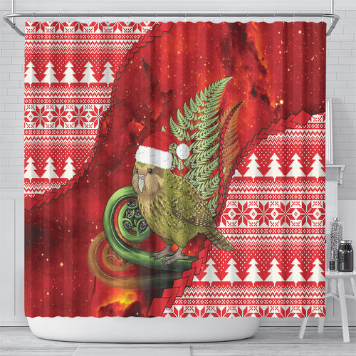 New Zealand Kakapo Christmas In July Shower Curtain Silver Fern Santa Xmas Red Color