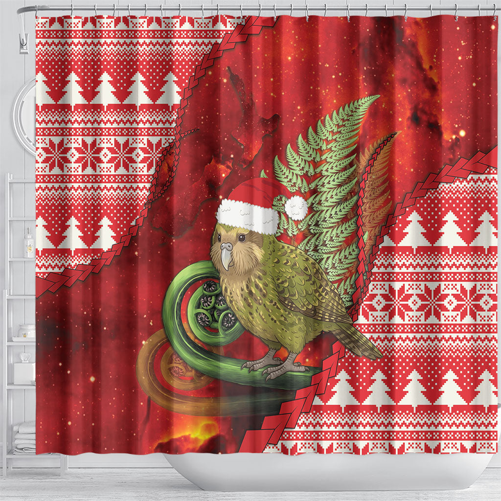 New Zealand Kakapo Christmas In July Shower Curtain Silver Fern Santa Xmas Red Color