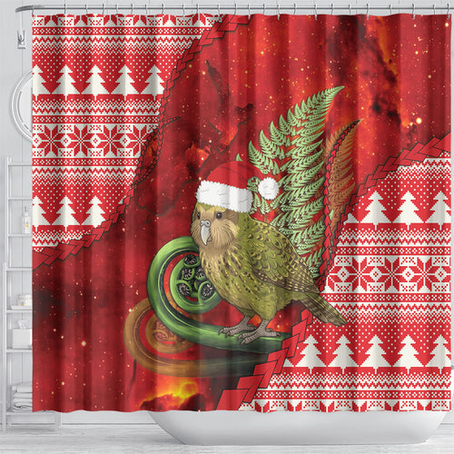 New Zealand Kakapo Christmas In July Shower Curtain Silver Fern Santa Xmas Red Color