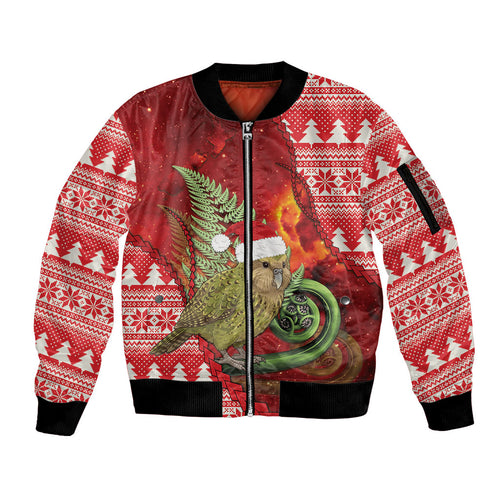 New Zealand Kakapo Christmas In July Sleeve Zip Bomber Jacket Silver Fern Santa Xmas Red Color
