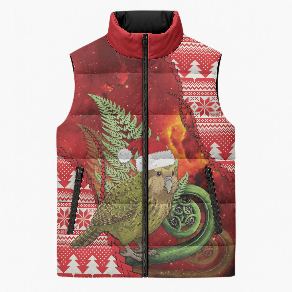 New Zealand Kakapo Christmas In July Sleeveless Puffer Jacket Silver Fern Santa Xmas Red Color