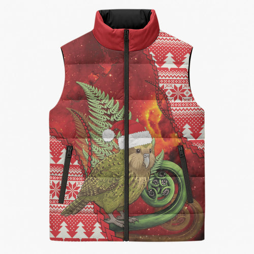 New Zealand Kakapo Christmas In July Sleeveless Puffer Jacket Silver Fern Santa Xmas Red Color