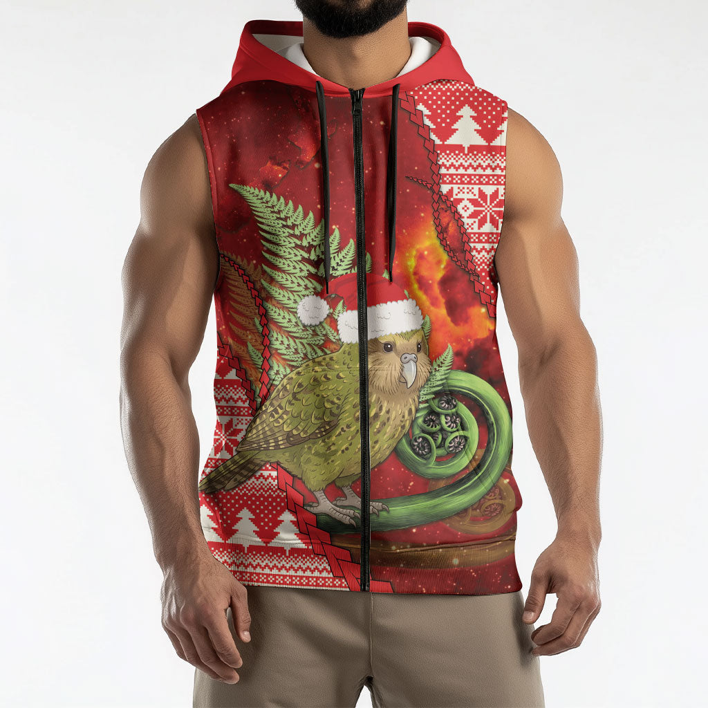 New Zealand Kakapo Christmas In July Sleeveless Zip Hoodie Silver Fern Santa Xmas Red Color