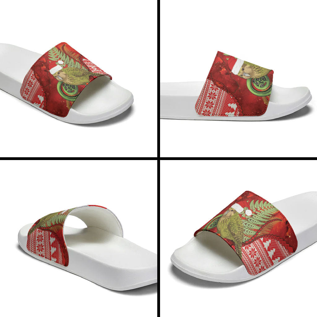 New Zealand Kakapo Christmas In July Slide Sandals Silver Fern Santa Xmas Red Color